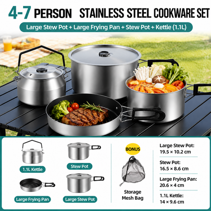 4-Piece Food Grade Stainless Steel Camping Cookware Set with 1.1L Kettle, Medium / Large Stew Pot and Large Frying Pan - Hangable and Foldable, Compact Nesting Storage, Anti Scald Wrapped Handle