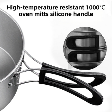 4-Piece Food Grade Stainless Steel Camping Cookware Set with 1.1L Kettle, Medium / Large Stew Pot and Large Frying Pan - Hangable and Foldable, Compact Nesting Storage, Anti Scald Wrapped Handle