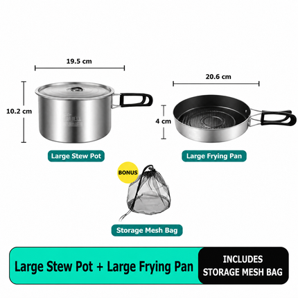 2-Piece Food Grade Stainless Steel Camping Cookware Set with Large Stew Pot and Large Frying Pan - Hangable and Foldable, Compact Nesting Storage, Anti Scald Wrapped Handle