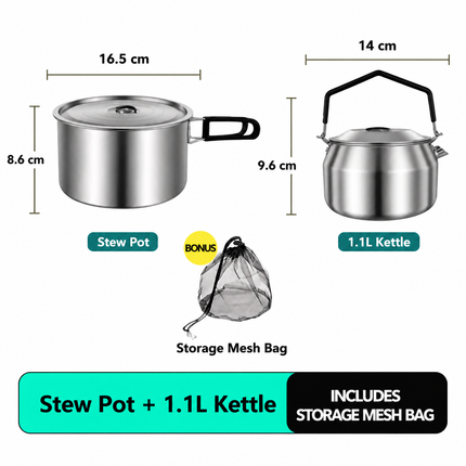2-Piece Food Grade Stainless Steel Camping Cookware Set with 1.1L Kettle and Medium Stew Pot - Hangable and Foldable, Compact Nesting Storage, Anti Scald Wrapped Handle