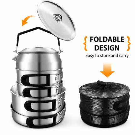 2-Piece Food Grade Stainless Steel Camping Cookware Set with 1.6L Kettle and Large Stew Pot - Hangable and Foldable, Compact Nesting  Storage, Anti Scald Wrapped Handle