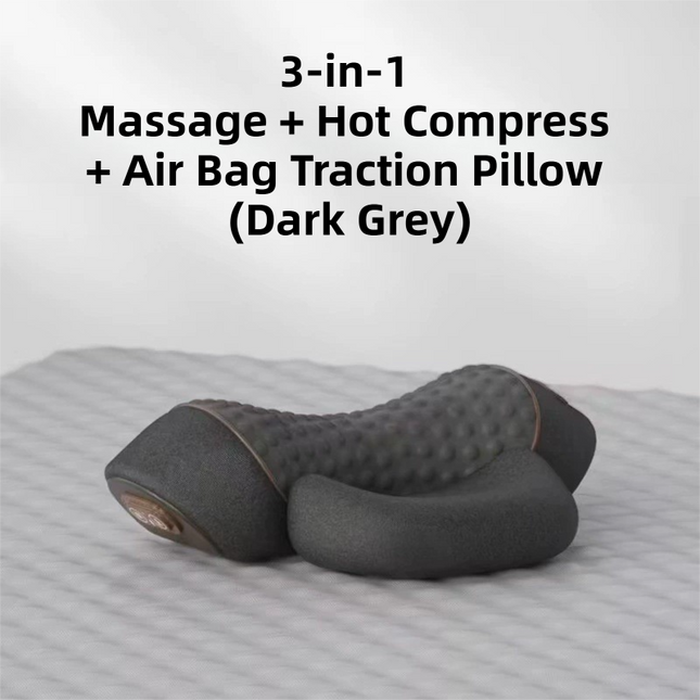 3 in 1 Electric Cervical Neck Massager Pillow (Airbag Traction + Heat Compress + Vibration) - Bone Shped Ergonomic Memory Foam Neck Support Pillow, USB Rechargable Dark Grey