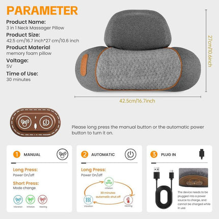 3 in 1 Electric Cervical Neck Massager Pillow (Airbag Traction + Heat Compress + Vibration) - Bone Shped Ergonomic Memory Foam Neck Support Pillow, USB Plug in Light Grey