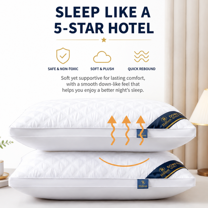 High Rebound Quilted Hotel Pillow Set 2 Pack - Anti Collapse Brushed Fabric Bed Sleeping Pillows for Ergonomic Neck Support (High Pillow)