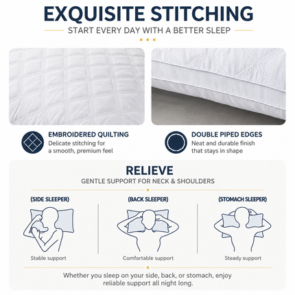 High Rebound Quilted Hotel Pillow Set 2 Pack - Anti Collapse Brushed Fabric Bed Sleeping Pillows for Ergonomic Neck Support (High Pillow)