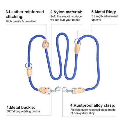 Blue 2M Adjustable Double Ended Nylon Dog Leash (6 Usage Ways) - Hands Free Crossbody Rope Leash with Genuine Leather Stitching & 360° Swivel Clasps for Two Dogs
