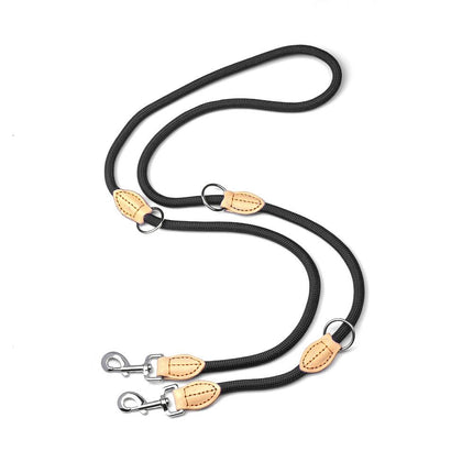 Black 2M Adjustable Double Ended Nylon Dog Leash (6 Usage Ways) - Hands Free Crossbody Rope Leash with Genuine Leather Stitching & 360° Swivel Clasps for Two Dogs