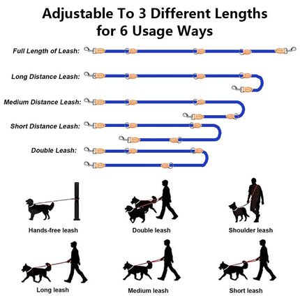 Black 2M Adjustable Double Ended Nylon Dog Leash (6 Usage Ways) - Hands Free Crossbody Rope Leash with Genuine Leather Stitching & 360° Swivel Clasps for Two Dogs