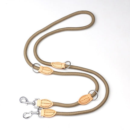 Beige 2M Adjustable Double Ended Nylon Dog Leash (6 Usage Ways) - Hands Free Crossbody Rope Leash with Genuine Leather Stitching & 360° Swivel Clasps for Two Dogs