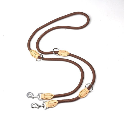 Brown 2M Adjustable Double Ended Nylon Dog Leash (6 Usage Ways) - Hands Free Crossbody Rope Leash with Genuine Leather Stitching & 360° Swivel Clasps for Two Dogs