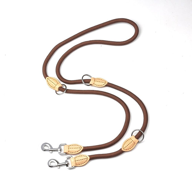Brown 2M Adjustable Double Ended Nylon Dog Leash (6 Usage Ways) - Hands Free Crossbody Rope Leash with Genuine Leather Stitching & 360° Swivel Clasps for Two Dogs