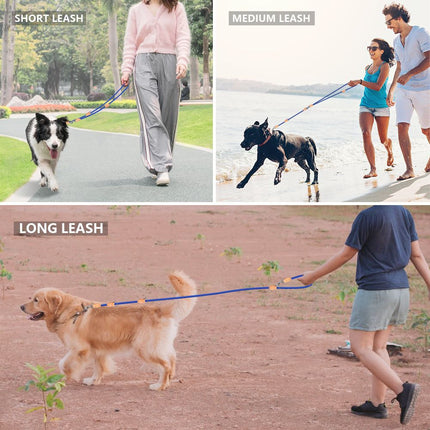 Brown 2M Adjustable Double Ended Nylon Dog Leash (6 Usage Ways) - Hands Free Crossbody Rope Leash with Genuine Leather Stitching & 360° Swivel Clasps for Two Dogs