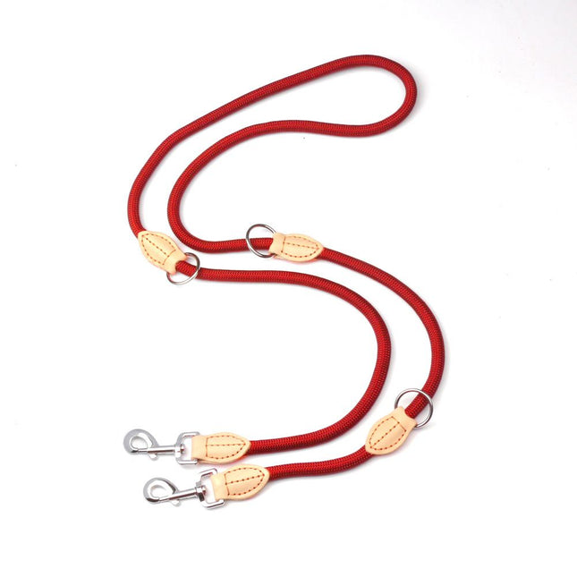 Red 2M Adjustable Double Ended Nylon Dog Leash (6 Usage Ways) - Hands Free Crossbody Rope Leash with Genuine Leather Stitching & 360° Swivel Clasps for Two Dogs