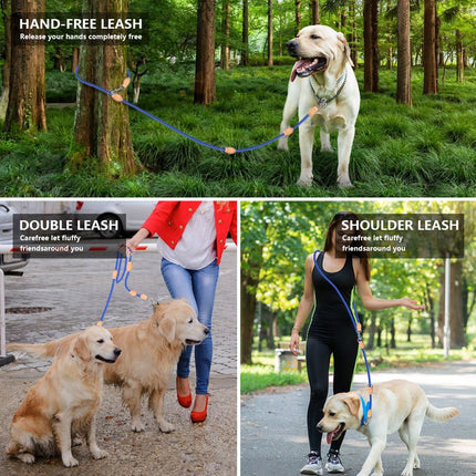 Red 2M Adjustable Double Ended Nylon Dog Leash (6 Usage Ways) - Hands Free Crossbody Rope Leash with Genuine Leather Stitching & 360° Swivel Clasps for Two Dogs