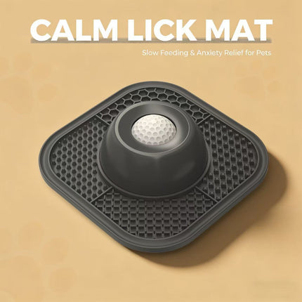 Grey Slow Feeder Dog Bowl and Lick Mat Set - Food Grade Silicone Non Slip Feeding Mat with Interactive Rolling Ball Toy for Dogs and Cats