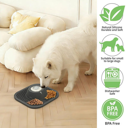 Blue Slow Feeder Dog Bowl and Lick Mat Set - Food Grade Silicone Non Slip Feeding Mat with Interactive Rolling Ball Toy for Dogs and Cats