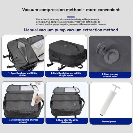 Black 35L Vacuum Compression Travel Backpack with Manual Air Pump, Shoe Zone and 15.6" Laptop House - Waterproof Suitcase Style Carry On Bag for Men Women Business Commute
