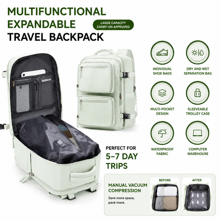 Beige 35L Vacuum Compression Travel Backpack with Manual Air Pump, Shoe Zone and 15.6" Laptop House - Waterproof Suitcase Style Carry On Bag for Men Women Business Commute