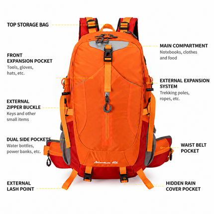 40L Red Lightweight Outdoor Hiking Backpack with Rain Cover, Multi-Pocket Storage and Gear Attachments - Waterproof Travel Daypack for Trekking Camping Cycling Adventures