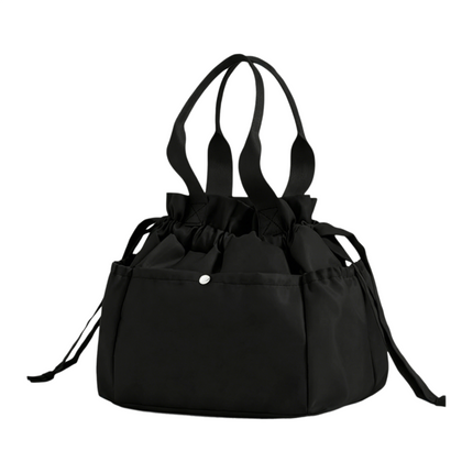 Black Insulated Lunch Bag for Women Men - Portable Drawstring Tote Lunch Box Bag with Multi Pockets & Stainproof Lining for Work, School, Travel & Picnic