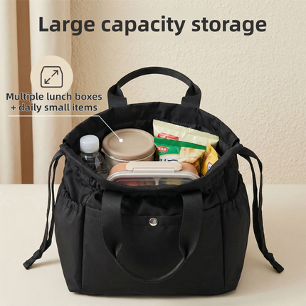 Black Insulated Lunch Bag for Women Men - Portable Drawstring Tote Lunch Box Bag with Multi Pockets & Stainproof Lining for Work, School, Travel & Picnic