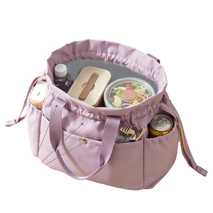 Purple Insulated Lunch Bag for Women Men - Portable Drawstring Tote Lunch Box Bag with Multi Pockets & Stainproof Lining for Work, School, Travel & Picnic