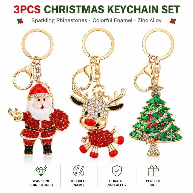 3 PCS Rhinestone Christmas Keychain Set - Zinc AlloyEnamel Santa Claus, Cute Reindeer and Christmas Tree Bag Charm Key Ring Pendant Accessories for Christmas Gifts & DIY Deco