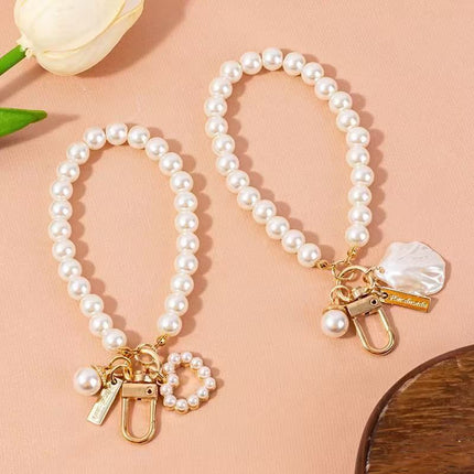 Pearl Beaded Bracelet / Keychain / Bag Charm with Elegant Pearl Heart Pendant and Gift Box - Multifunctional Pearl Wristlet Key Ring & Purse Accessory (Dia 14 cm)