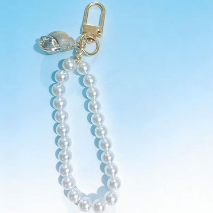Pearl Beaded Bracelet / Keychain / Bag Charm with Elegant Conch Pendant and Gift Box - Multifunctional Pearl Wristlet Key Ring & Purse Accessory (Dia 14 cm)