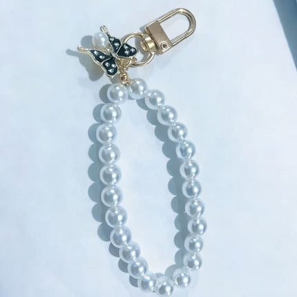 Pearl Beaded Bracelet / Keychain / Bag Charm with Elegant Butterfly Pendant and Gift Box - Multifunctional Pearl Wristlet Key Ring & Purse Accessory (Dia 14 cm)