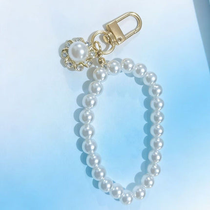 Pearl Beaded Bracelet / Keychain / Bag Charm with Elegant Sunflower Pendant and Gift Box - Multifunctional Pearl Wristlet Key Ring & Purse Accessory (Dia 14 cm)
