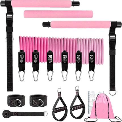 Pink 180 lbs Adjustable Pilates Bar & Resistance Band Set - Multifunctional Home Workout Fitness Kit