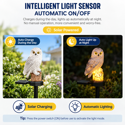 White Resin Owl Solar Powered Garden Stake Light - Outdoor Decorative LED Landscape Pathway Night Light