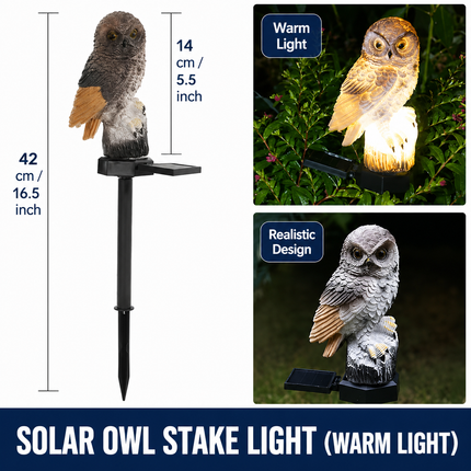 Brown Resin Owl Solar Powered Garden Stake Light - Outdoor Decorative LED Landscape Pathway Night Light