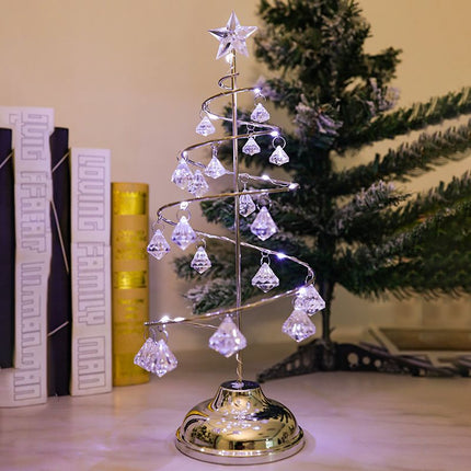 Silver Iron Spiral Crystal Christmas Tree Lamp - Elegant Battery Operated Tabletop Night Light & Ambient Accent LED for Bedroom, Living Room, Birthday & Holiday Decor