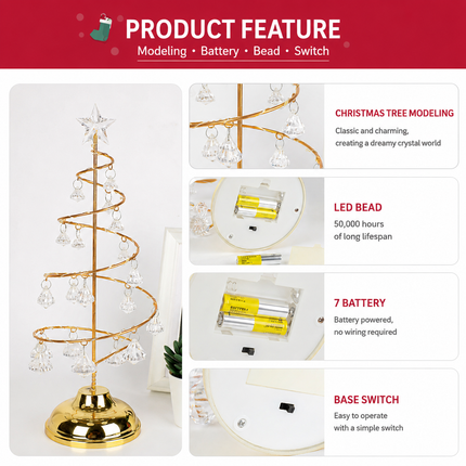 Silver Iron Spiral Crystal Christmas Tree Lamp - Elegant Battery Operated Tabletop Night Light & Ambient Accent LED for Bedroom, Living Room, Birthday & Holiday Decor