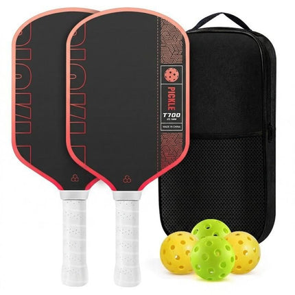 Black and Red T700 Raw Carbon Fiber Pickleball Paddle Set - 2 Professional Honeycomb Core Paddles, 4 Balls and Carry Bag for Outdoor Use