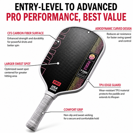 Black and Red T700 Raw Carbon Fiber Pickleball Paddle Set - 2 Professional Honeycomb Core Paddles, 4 Balls and Carry Bag for Outdoor Use
