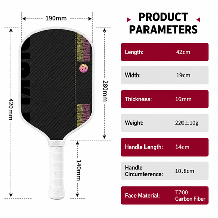 Black and Red T700 Raw Carbon Fiber Pickleball Paddle Set - 2 Professional Honeycomb Core Paddles, 4 Balls and Carry Bag for Outdoor Use