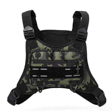 Black Camouflage Tactical Chest Rig Bag with Multi Zipper Pockets - Waterproof Nylon Utility Vest Pack, Breathable Back Pad and Adjustable Straps