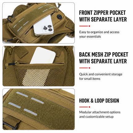 Black Camouflage Tactical Chest Rig Bag with Multi Zipper Pockets - Waterproof Nylon Utility Vest Pack, Breathable Back Pad and Adjustable Straps