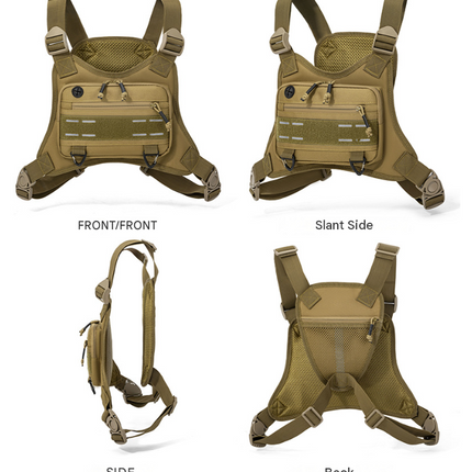 Khaki Tactical Chest Rig Bag with Multi Zipper Pockets - Waterproof Nylon Utility Vest Pack, Breathable Back Pad and Adjustable Straps