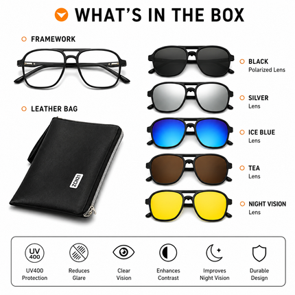 7-in-1 Magnetic Clip-On Sunglasses Set with Flexible Frame and Leather Bag - Unisex Double Bridge Aviator Eyeglasses and 5 Pairs of Polarized / Night Vision Lenses (2380 Style)