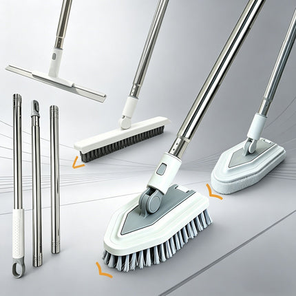 4-in-1 Bathroom Cleaning Brush Set with Sponge Pad, Hard Bristle / V-Shape Grout Brush and Squeegee - 120CM Extendable Stainless Steel Handle, Adjustable & Lockable Angle for Floor, Gap, Window and Bathtub