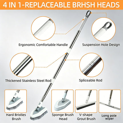 4-in-1 Bathroom Cleaning Brush Set with Sponge Pad, Hard Bristle / V-Shape Grout Brush and Squeegee - 120CM Extendable Stainless Steel Handle, Adjustable & Lockable Angle for Floor, Gap, Window and Bathtub
