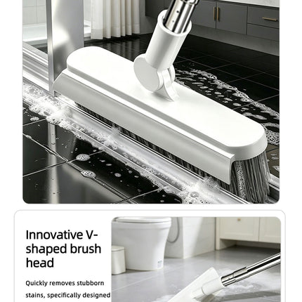 4-in-1 Bathroom Cleaning Brush Set with Sponge Pad, Hard Bristle / V-Shape Grout Brush and Squeegee - 120CM Extendable Stainless Steel Handle, Adjustable & Lockable Angle for Floor, Gap, Window and Bathtub