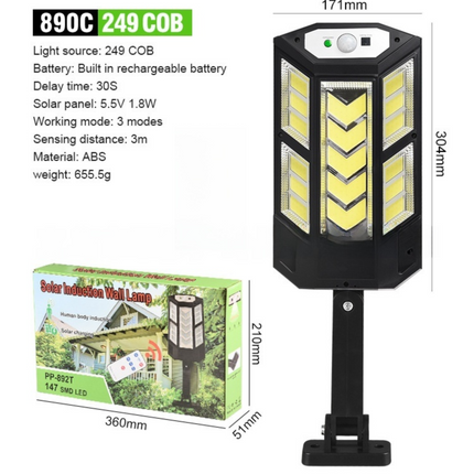 Solar Powered Motion Sensor Outdoor Street Light with 3 Lighting Modes - Waterproof COB LED Wall Security Light, Remote Control for Garden Courtyard Patio & Garage (Large)