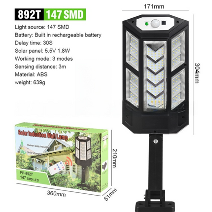 Solar Powered Motion Sensor Outdoor Street Light with 3 Lighting Modes - Waterproof SMD LED Wall Security Light, Remote Control for Garden Courtyard Patio & Garage (Large)