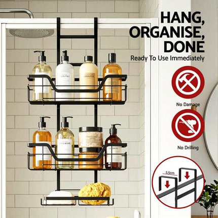 3-Tier Extra Large Over the Door Shower Caddy - Hanging Bathroom Organizer Shelf with Storage Hooks and Stabilizing Adhesive Pads