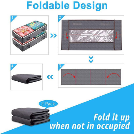 2 Pack Folding Non-Woven Underbed Storage Containers with Clear Top Zipper Lid & 4 Reinforced Handles (Dark Grey 40 x 20 x 6")
